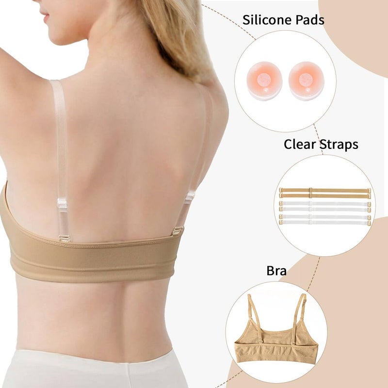 DANSHOW Girls Dance Bra Seamsless Nude Bras for Teens Girl with 2 Pairs of Clear Straps, Silicone Pads - Image 2